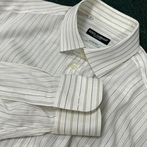 Dolce & Gabbana White with Subtle Brown Stripe Spread Collar Dress Shirt